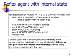 Reflex agent with internal state
…
function REFLEX-AGENT-WITH-STATE (percept) returns action
static: state, a description of the current world state
rules, a set of condition-action rules
state  UPDATE-STATE (state, percept)
rule  RULE-MATCH (state, rules)
action  RULE-ACTION [rule]
state  UPDATE-STATE (state, action)
return action
A reflex agent with internal state works by finding a rule
whose condition matches the current situation (as defined by
the percept and the stored internal state) and then doing
the action associated with that rule.
31
 