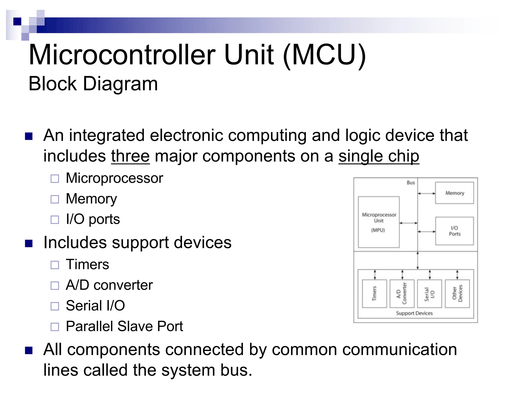Microcontroller Unit (MCU)
Block Diagram
n An integrated electronic computing and logic device that
includes three major components on a single chip
¨ Microprocessor
¨ Memory
¨ I/O ports
n Includes support devices
¨ Timers
¨ A/D converter
¨ Serial I/O
¨ Parallel Slave Port
n All components connected by common communication
lines called the system bus.
 