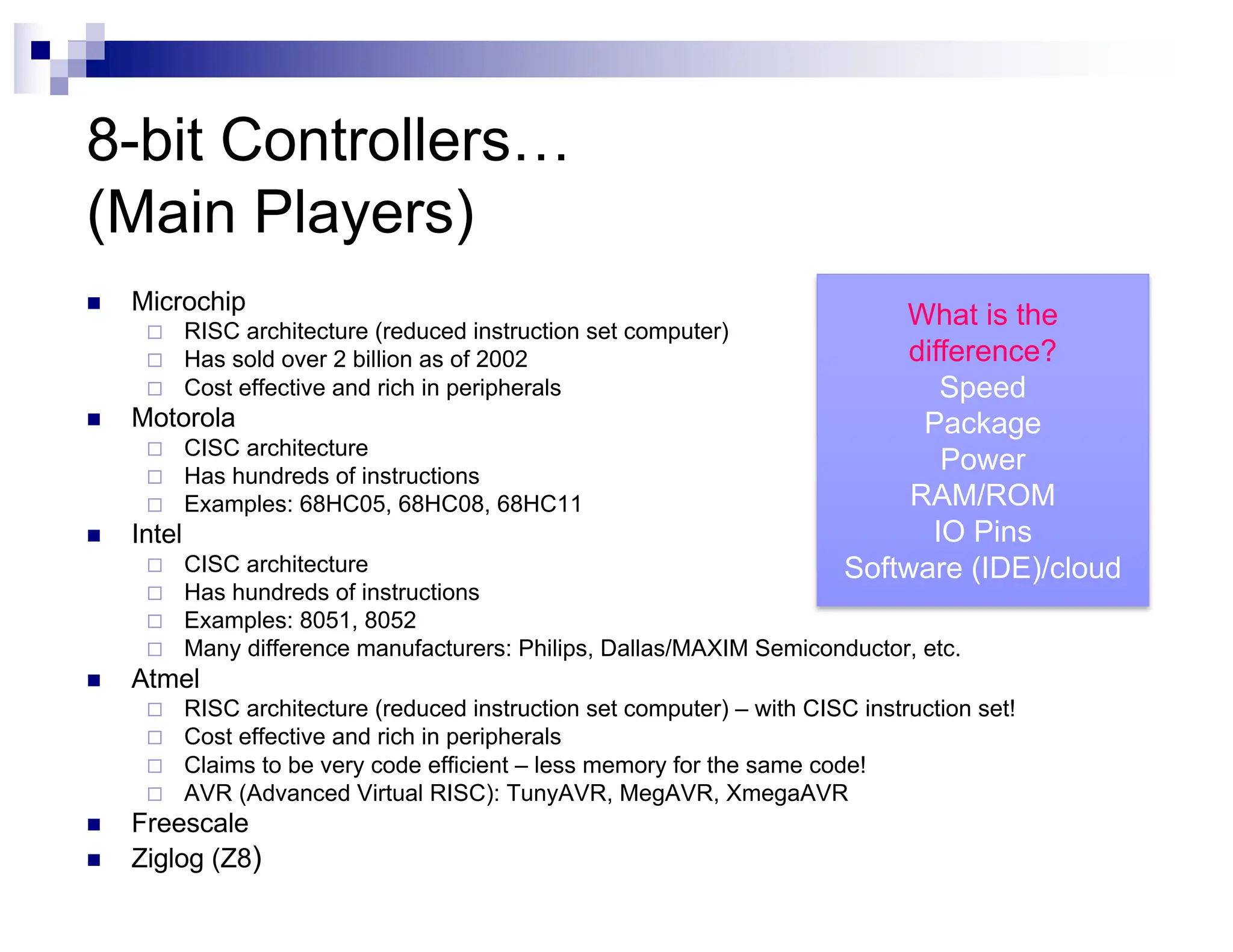 8-bit Controllers…
(Main Players)
n Microchip
¨ RISC architecture (reduced instruction set computer)
¨ Has sold over 2 billion as of 2002
¨ Cost effective and rich in peripherals
n Motorola
¨ CISC architecture
¨ Has hundreds of instructions
¨ Examples: 68HC05, 68HC08, 68HC11
n Intel
¨ CISC architecture
¨ Has hundreds of instructions
¨ Examples: 8051, 8052
¨ Many difference manufacturers: Philips, Dallas/MAXIM Semiconductor, etc.
n Atmel
¨ RISC architecture (reduced instruction set computer) – with CISC instruction set!
¨ Cost effective and rich in peripherals
¨ Claims to be very code efficient – less memory for the same code!
¨ AVR (Advanced Virtual RISC): TunyAVR, MegAVR, XmegaAVR
n Freescale
n Ziglog (Z8)
What is the
difference?
Speed
Package
Power
RAM/ROM
IO Pins
Software (IDE)/cloud
 