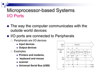 Microprocessor-based Systems
I/O Ports
n The way the computer communicates with the
outside world devices
n I/O ports are connected to Peripherals
¨ Peripherals are I/O devices
n Input devices
n Output devices
¨ Examples
n Printers and modems,
n keyboard and mouse
n scanner
n Universal Serial Bus (USB)
 