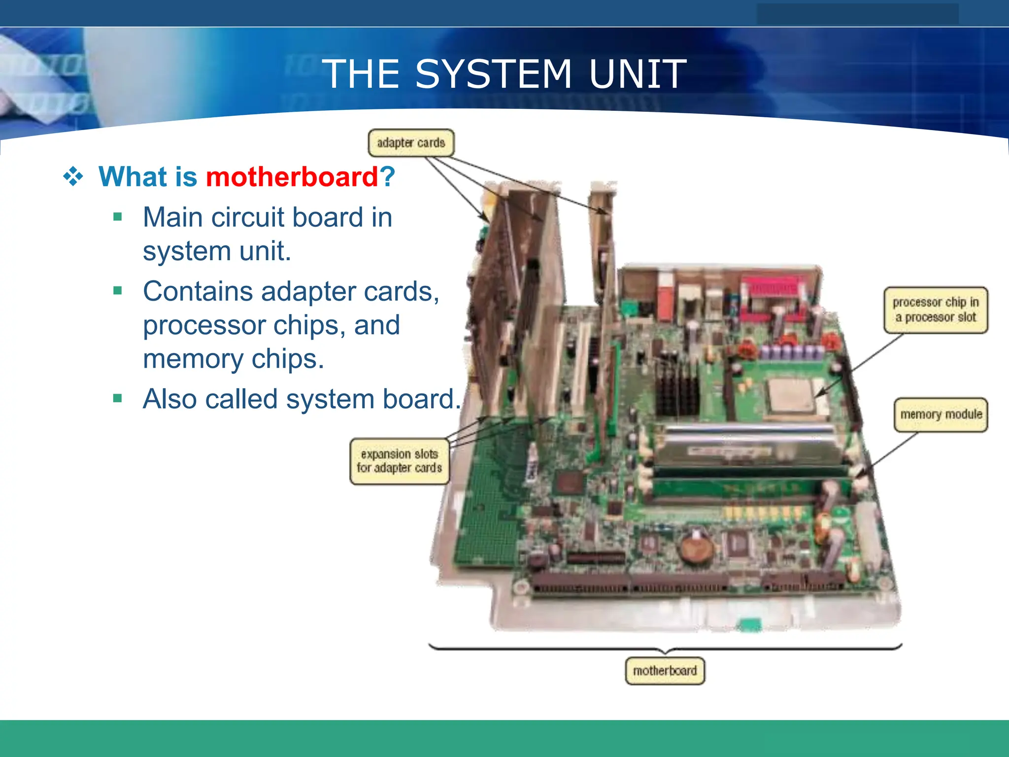 COMPANY LOGO
www.themegallery.com
THE SYSTEM UNIT
 What is motherboard?
 Main circuit board in
system unit.
 Contains adapter cards,
processor chips, and
memory chips.
 Also called system board.
 