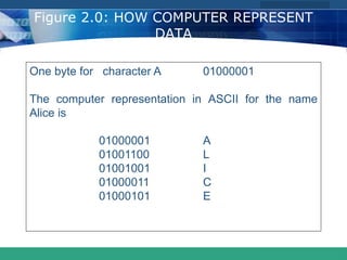 COMPANY LOGO
www.themegallery.com
Figure 2.0: HOW COMPUTER REPRESENT
DATA
One byte for character A 01000001
The computer representation in ASCII for the name
Alice is
01000001 A
01001100 L
01001001 I
01000011 C
01000101 E
 