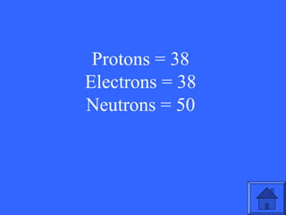 Protons = 38
Electrons = 38
Neutrons = 50

11

 