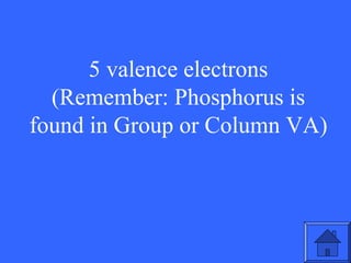5 valence electrons
(Remember: Phosphorus is
found in Group or Column VA)

13

 