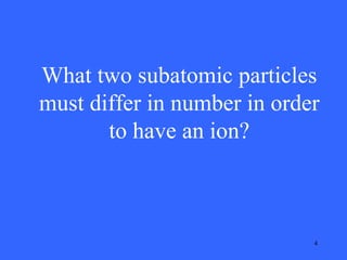 What two subatomic particles
must differ in number in order
to have an ion?

4

 