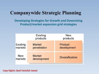 Companywide Strategic Planning
Developing Strategies for Growth and Downsizing
Product/market expansion grid strategies
 