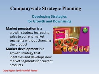 Companywide Strategic Planning
Developing Strategies
for Growth and Downsizing
Market penetration is a
growth strategy increasing
sales to current market
segments without changing
the product
Market development is a
growth strategy that
identifies and develops new
market segments for current
products
 