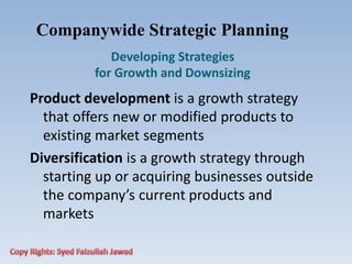 Companywide Strategic Planning
Developing Strategies
for Growth and Downsizing
Product development is a growth strategy
that offers new or modified products to
existing market segments
Diversification is a growth strategy through
starting up or acquiring businesses outside
the company’s current products and
markets
 