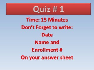 Time: 15 Minutes
Don’t Forget to write:
Date
Name and
Enrollment #
On your answer sheet
 