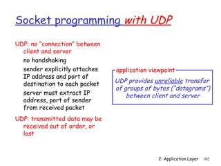 Socket programming with UDP 
2: Application Layer 102 
UDP: no “connection” between 
client and server 
 no handshaking 
 sender explicitly attaches 
IP address and port of 
destination to each packet 
 server must extract IP 
address, port of sender 
from received packet 
UDP: transmitted data may be 
received out of order, or 
lost 
application viewpoint 
UDP provides unreliable transfer 
of groups of bytes (“datagrams”) 
between client and server 
 