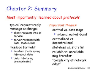 Most importantly: learned about protocols 
2: Application Layer 110 
Chapter 2: Summary 
 typical request/reply 
message exchange: 
 client requests info or 
service 
 server responds with 
data, status code 
 message formats: 
 headers: fields giving 
info about data 
 data: info being 
communicated 
Important themes: 
 control vs. data msgs 
in-band, out-of-band 
 centralized vs. 
decentralized 
 stateless vs. stateful 
 reliable vs. unreliable 
msg transfer 
 “complexity at network 
edge” 
