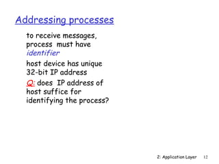 2: Application Layer 12 
Addressing processes 
 to receive messages, 
process must have 
identifier 
 host device has unique 
32-bit IP address 
 Q: does IP address of 
host suffice for 
identifying the process? 
 