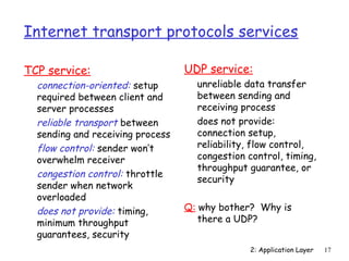Internet transport protocols services 
2: Application Layer 17 
TCP service: 
 connection-oriented: setup 
required between client and 
server processes 
 reliable transport between 
sending and receiving process 
 flow control: sender won’t 
overwhelm receiver 
 congestion control: throttle 
sender when network 
overloaded 
 does not provide: timing, 
minimum throughput 
guarantees, security 
UDP service: 
 unreliable data transfer 
between sending and 
receiving process 
 does not provide: 
connection setup, 
reliability, flow control, 
congestion control, timing, 
throughput guarantee, or 
security 
Q: why bother? Why is 
there a UDP? 
 