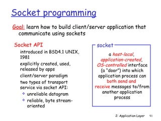 Goal: learn how to build client/server application that 
communicate using sockets 
2: Application Layer 91 
Socket programming 
Socket API 
 introduced in BSD4.1 UNIX, 
1981 
 explicitly created, used, 
released by apps 
 client/server paradigm 
 two types of transport 
service via socket API: 
 unreliable datagram 
 reliable, byte stream-oriented 
a host-local, 
application-created, 
OS-controlled interface 
(a “door”) into which 
application process can 
both send and 
receive messages to/from 
another application 
process 
socket 
 