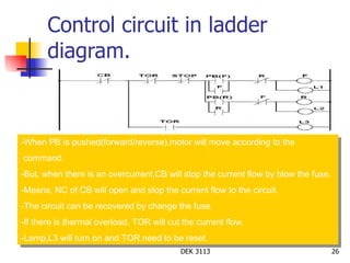 Control circuit in ladder diagram. -When PB is pushed(forward/reverse),motor will move according to the  command. -But, when there is an overcurrent,CB will stop the current flow by blow the fuse. -Means, NC of CB will open and stop the current flow to the circuit. -The circuit can be recovered by change the fuse. -If there is thermal overload, TOR will cut the current flow. -Lamp,L3 will turn on and TOR need to be reset. 