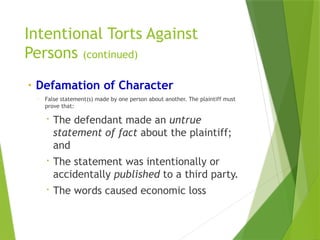 Comprehensive Overview of Tort Law: Intentional and Property Torts ...