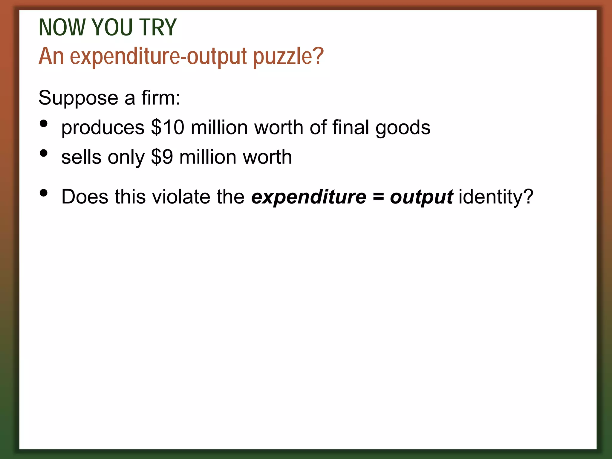 NOW YOU TRY
An expenditure-output puzzle?
Suppose a firm:
• produces $10 million worth of final goods
• sells only $9 million worth
• Does this violate the expenditure = output identity?
 