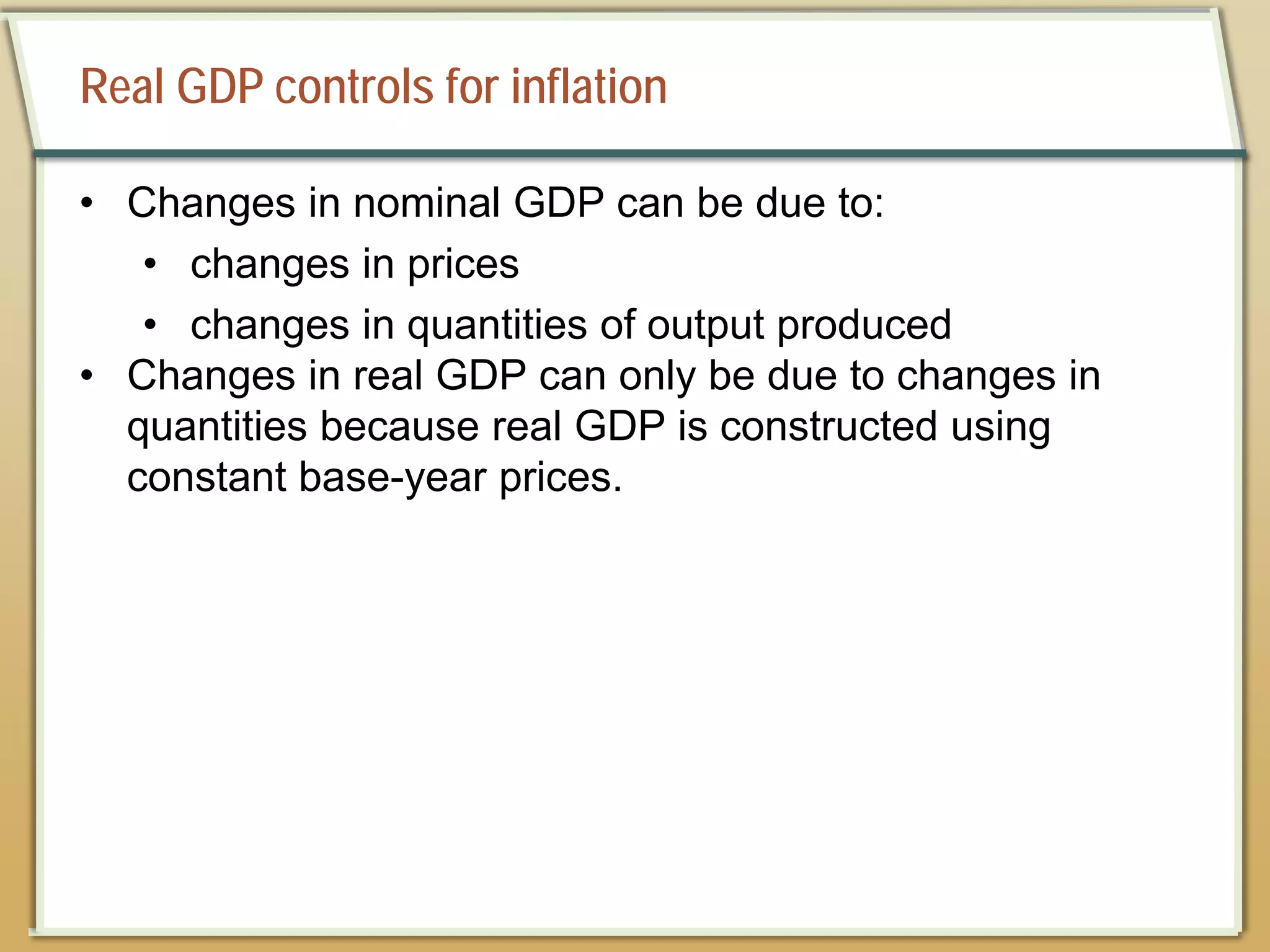 Real GDP controls for inflation
• Changes in nominal GDP can be due to:
• changes in prices
• changes in quantities of output produced
• Changes in real GDP can only be due to changes in
quantities because real GDP is constructed using
constant base-year prices.
 