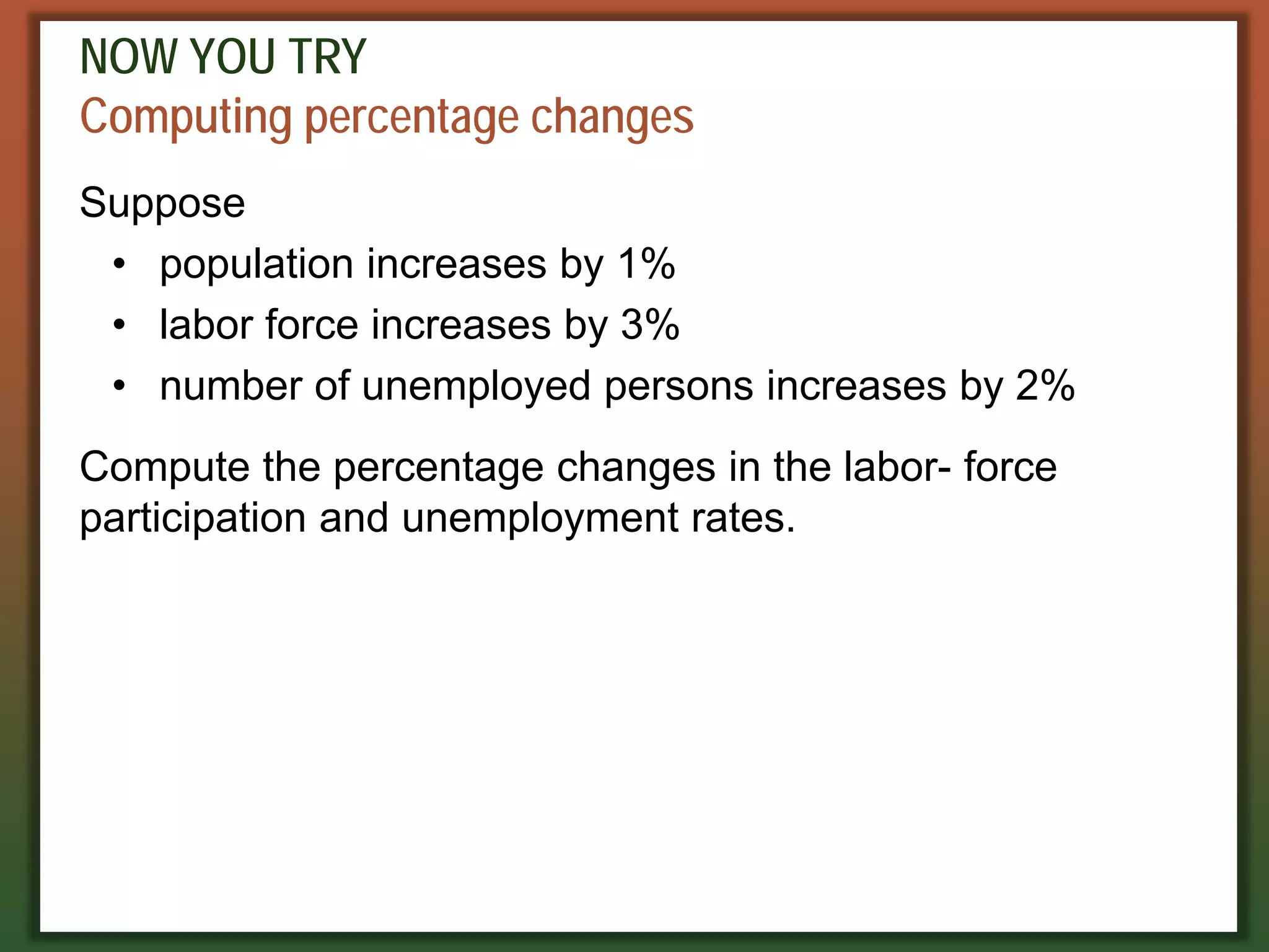 NOW YOU TRY
Computing percentage changes
Suppose
• population increases by 1%
• labor force increases by 3%
• number of unemployed persons increases by 2%
Compute the percentage changes in the labor- force
participation and unemployment rates.
 