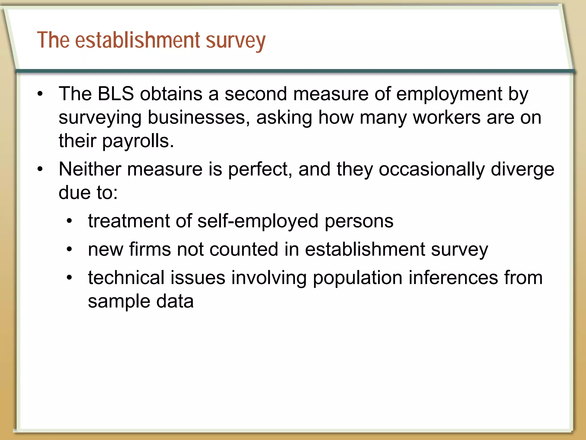 The establishment survey
• The BLS obtains a second measure of employment by
surveying businesses, asking how many workers are on
their payrolls.
• Neither measure is perfect, and they occasionally diverge
due to:
• treatment of self-employed persons
• new firms not counted in establishment survey
• technical issues involving population inferences from
sample data
 