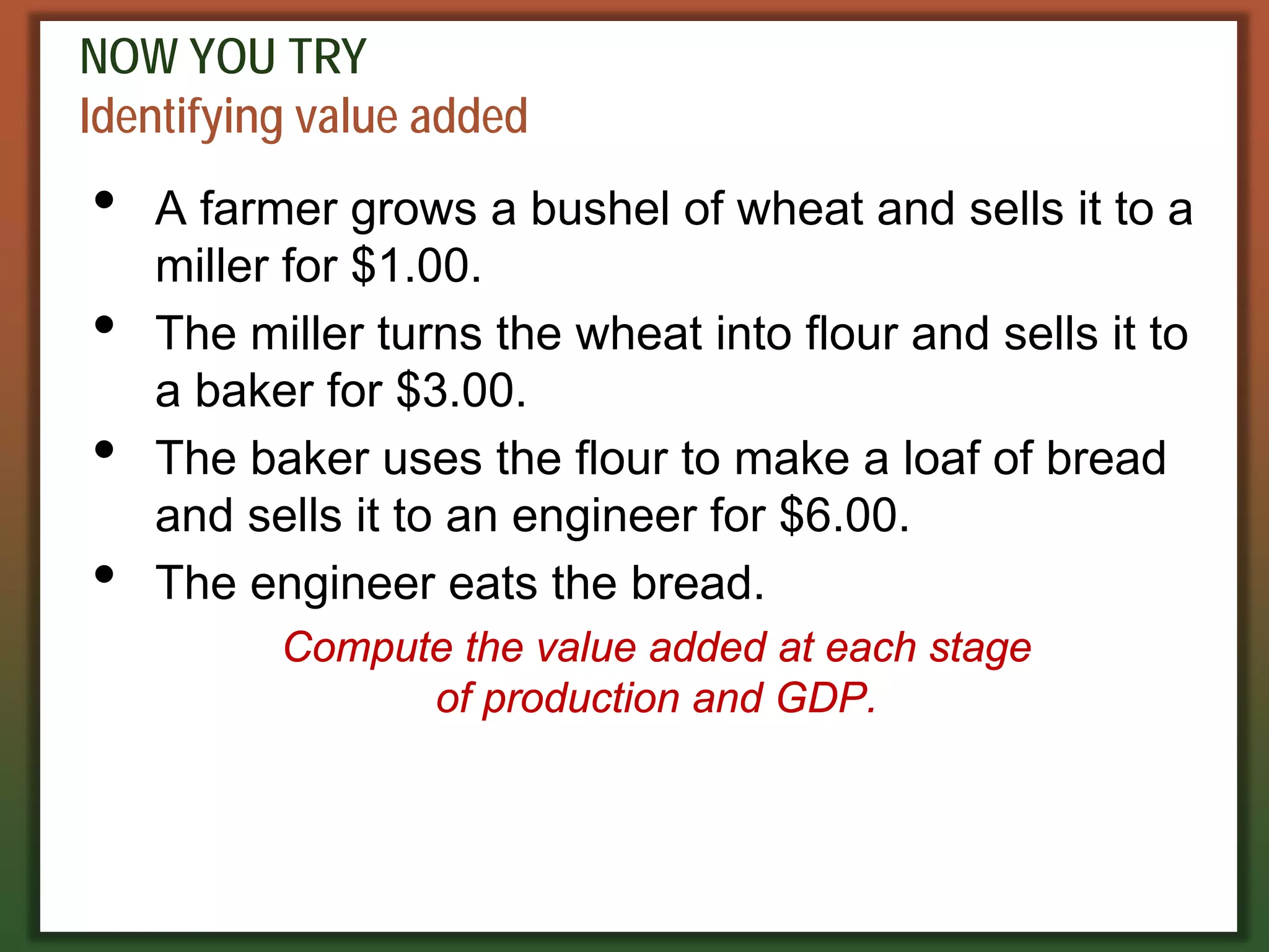 NOW YOU TRY
Identifying value added
• A farmer grows a bushel of wheat and sells it to a
miller for $1.00.
• The miller turns the wheat into flour and sells it to
a baker for $3.00.
• The baker uses the flour to make a loaf of bread
and sells it to an engineer for $6.00.
• The engineer eats the bread.
Compute the value added at each stage
of production and GDP.
 