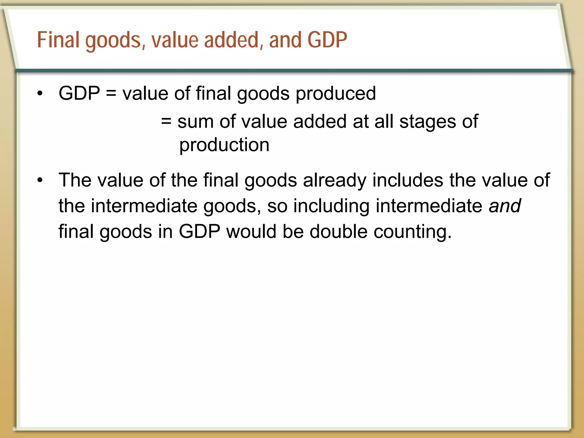 Final goods, value added, and GDP
• GDP = value of final goods produced
= sum of value added at all stages of
production
• The value of the final goods already includes the value of
the intermediate goods, so including intermediate and
final goods in GDP would be double counting.
 