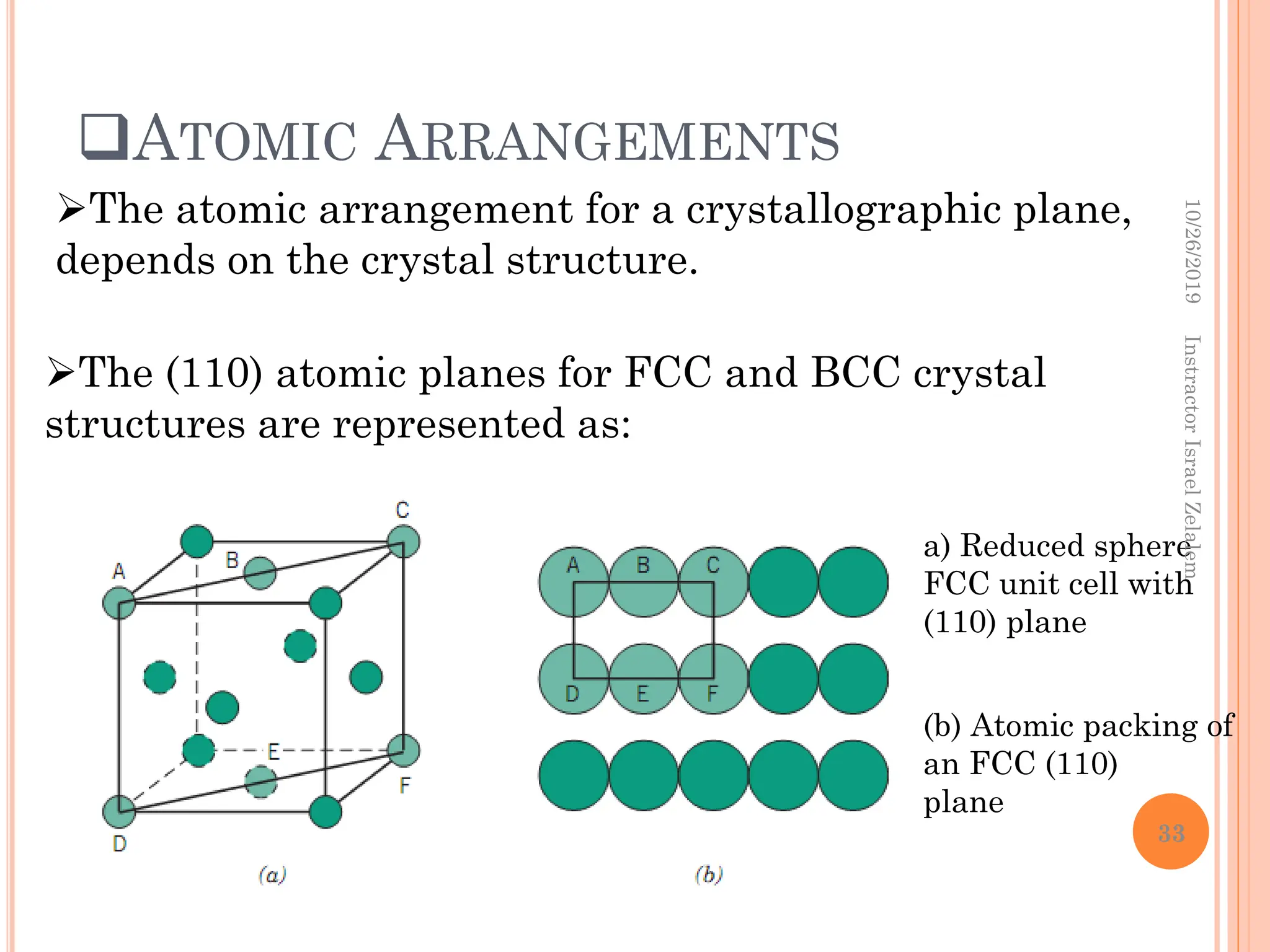 ATOMIC ARRANGEMENTS
a) Reduced sphere
FCC unit cell with
(110) plane
(b) Atomic packing of
an FCC (110)
plane
The atomic arrangement for a crystallographic plane,
depends on the crystal structure.
The (110) atomic planes for FCC and BCC crystal
structures are represented as:
10/26/2019
Instractor
Israel
Zelalem
33
 