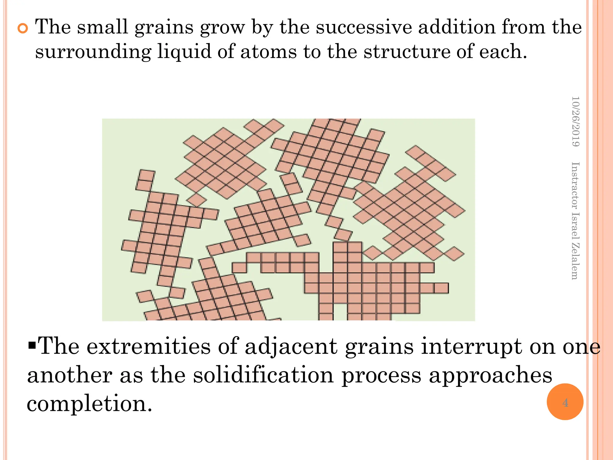  The small grains grow by the successive addition from the
surrounding liquid of atoms to the structure of each.
The extremities of adjacent grains interrupt on one
another as the solidification process approaches
completion.
10/26/2019
Instractor
Israel
Zelalem
4
 