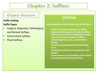 Chapter 2: Suffixes Suffix Linking Suffix Types Surgical, Diagnostic, Pathological, and Related Suffixes Grammatical Suffixes Plural Suffixes Chapter Overview Objectives Upon completion of this chapter, you will be able to: ,[object Object]