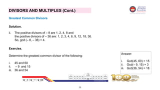 28
DIVISORS AND MULTIPLES (Cont.)
Greatest Common Divisors
Solution.
ii. The positive divisors of – 8 are 1, 2, 4, 8 and
the positive divisors of – 36 are: 1, 2, 3, 4, 6, 9, 12, 18, 36.
So, gcd (– 8, – 36) = 4.
Exercise.
Determine the greatest common divisor of the following:
i. 45 and 60
ii. – 9 and 15
iii. 36 and 54
Answer:
i. Gcd(45, 60) = 15
ii. Gcd(– 9, 15) = 3
iii. Gcd(36, 54) = 18
 