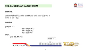 51
THE EUCLIDEAN ALGORITHM
Example.
Determine the GCD of 68 and 14 and write your GCD = d in
terms of (ax + by).
Solution.
gcd (68, 14) :
68 = 14 (4) + 12
14 = 12 (1) + 2
12 = 2 (6) + 0
Then,
gcd (68, 14) = 2.
Cont. 
 