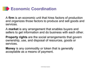 © 2016 Pearson Education
Economic Coordination
A firm is an economic unit that hires factors of production
and organizes those factors to produce and sell goods and
services.
A market is any arrangement that enables buyers and
sellers to get information and do business with each other.
Property rights are the social arrangements that govern
ownership, use, and disposal of resources, goods or
services.
Money is any commodity or token that is generally
acceptable as a means of payment.
 