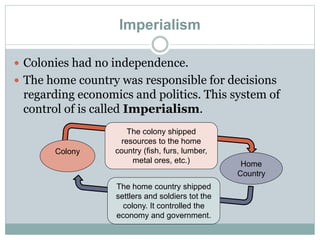 Imperialism
 Colonies had no independence.
 The home country was responsible for decisions
regarding economics and politics. This system of
control of is called Imperialism.
Colony
Home
Country
The colony shipped
resources to the home
country (fish, furs, lumber,
metal ores, etc.)
The home country shipped
settlers and soldiers tot the
colony. It controlled the
economy and government.
 