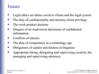 Issues Legal ethics are duties owed to clients and the legal system The duty of confidentiality and attorney-client privilege The work product doctrine Dangers of an inadvertent disclosure of confidential information Conflicts of interest  The duty of competency in a technology age Obligations of candor and fairness in litigation Appropriate hiring, delegating and supervising owed by the managing and supervising attorneys 