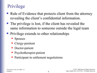 Privilege <ul><li>Rule of Evidence that protects client from the attorney revealing the client’s confidential information....
