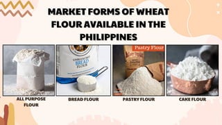 MARKET FORMS OF WHEAT
MARKET FORMS OF WHEAT
FLOUR AVAILABLE IN THE
FLOUR AVAILABLE IN THE
PHILIPPINES
PHILIPPINES
ALL PURPOSE
ALL PURPOSE
FLOUR
FLOUR
BREAD FLOUR
BREAD FLOUR PASTRY FLOUR
PASTRY FLOUR CAKE FLOUR
CAKE FLOUR
 