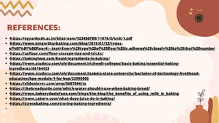 REFERENCES:
·https://egyankosh.ac.in/bitstream/123456789/11076/5/Unit-1.pdf
·https://www.kingarthurbaking.com/blog/2019/07/12/types-
of%EF%BF%BEflour#:~:text=Every%20type%20of%20flour%20is,adheres%20closely%20to%20that%20number
·https://usflour.com/flour-storage-tips-and-tricks/
·https://bakinghow.com/liquid-ingredients-in-baking/
·https://www.studocu.com/ph/document/richwell-colleges/basic-baking/essential-baking-
ingredients/66164433
·https://www.studocu.com/ph/document/isabela-state-university/bachelor-of-technology-livelihood-
education/bpp-module-1-for-bpp/33995905
·https://slideplayer.com/amp/5687044/to
·https://thebreadguide.com/which-water-should-i-use-when-baking-bread/
·https://www.bakerydestefano.com/blogs/the-blog/the_benefits_of_using_milk_in_baking
·https://www.cakere.com/what-does-juice-do-in-baking/
·https://stressbaking.com/storing-baking-ingredients/
 
