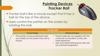 Pointing Devices
Tracker ball is like a mouse except that it has a
ball on the top of the device.
Users control the pointer on the screen by
rotating the ball.
Tracker Ball
Advantages Disadvantages
• The pointer can be positioned more
accurately on the screen than with a
mouse.
• Tracker balls are not supplied with the
computer as standard, so they are
more expensive .
• User may need training since they are
not standard equipment.
Tracker Ball
 