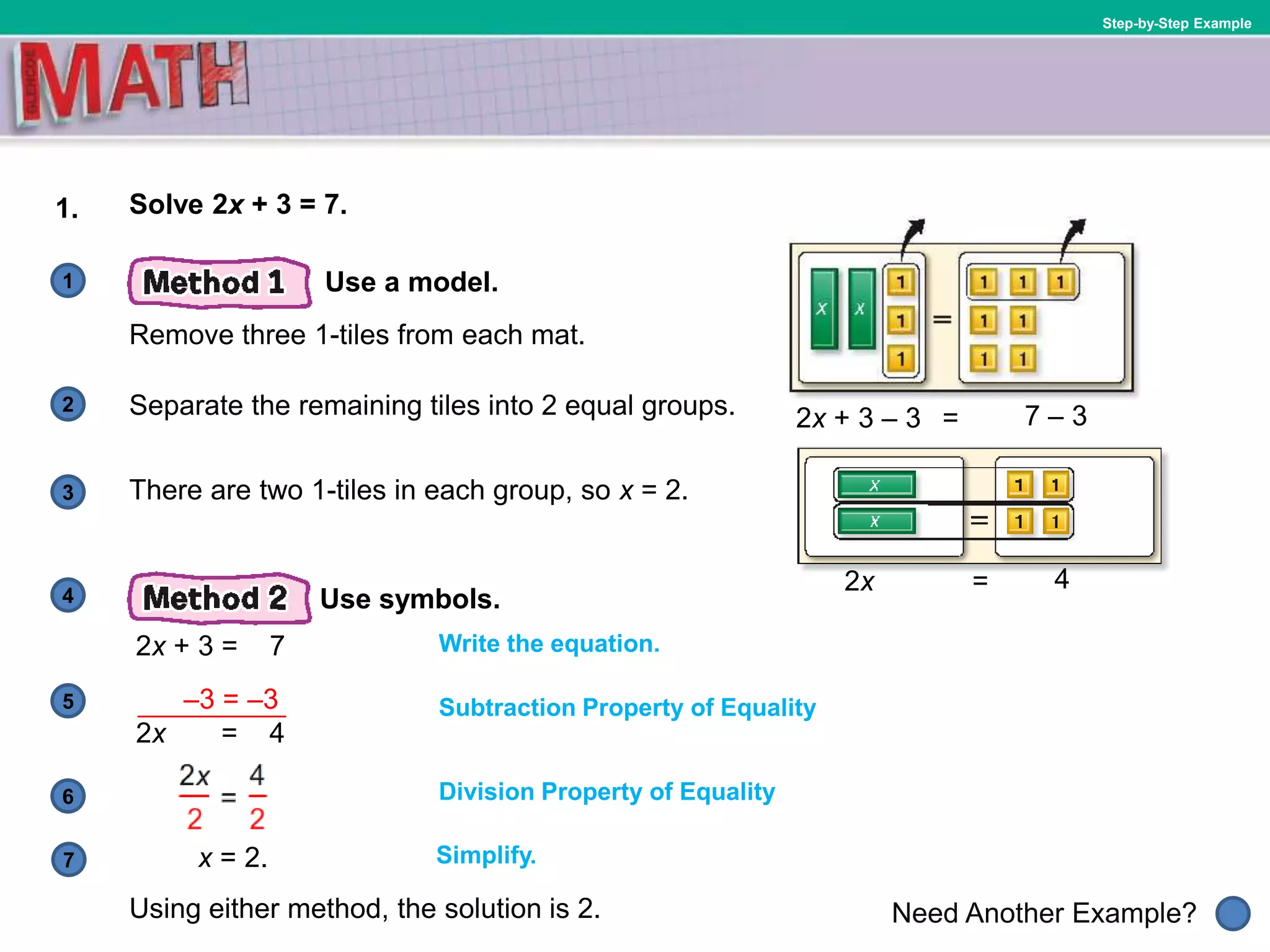 1
Need Another Example?
2
3
4
5
6
Step-by-Step Example
1. Solve 2x + 3 = 7.
There are two 1-tiles in each group, so x = 2.
Write the equation.
Subtraction Property of Equality
Division Property of Equality
Remove three 1-tiles from each mat.
Separate the remaining tiles into 2 equal groups.
Using either method, the solution is 2.
7
Use a model.
2x + 3 – 3 = 7 – 3
2x = 4
Use symbols.
2x + 3 = 7
Simplify.x = 2.
–3 = –3
2x = 4
 