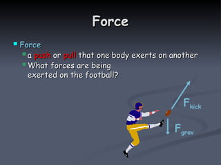 Force
Force
 Force
Force
 a
a push
push or
or pull
pull that one body exerts on another
that one body exerts on another
 What forces are being
What forces are being
exerted on the football?
exerted on the football?
Fkick
Fgrav
 