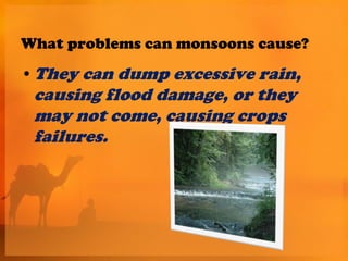 What problems can monsoons cause?
• They can dump excessive rain,
 causing flood damage, or they
 may not come, causing crops
 failures.
 