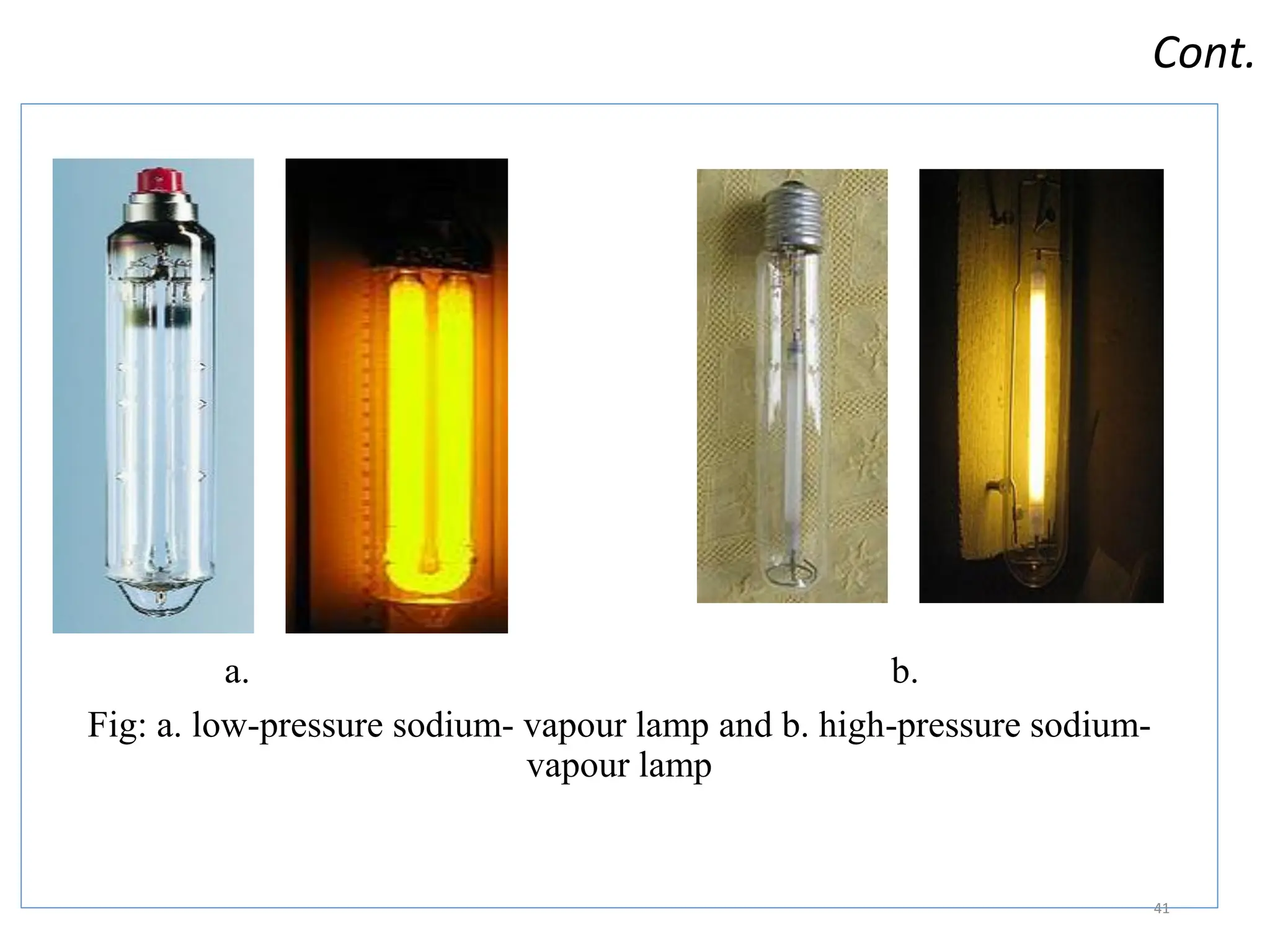 Cont.
a. b.
Fig: a. low-pressure sodium- vapour lamp and b. high-pressure sodium-
vapour lamp
41
 