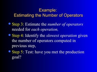 Example:Example:
Estimating the Number of OperatorsEstimating the Number of Operators
Step 3: Estimate the number of operators
needed for each operation,
Step 4: Identify the slowest operation given
the number of operators computed in
previous step,
Step 5: Test: have you met the production
goal?
 