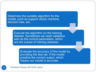 Rushikesh Chikane, MIT ACSC, Alandi
17
Determine the suitable algorithm for the
model, such as support vector machine,
decision tree, etc.
Execute the algorithm on the training
dataset. Sometimes we need validation
sets as the control parameters, which
are the subset of training datasets.
Evaluate the accuracy of the model by
providing the test set. If the model
predicts the correct output, which
means our model is accurate.
 