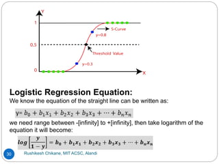 Rushikesh Chikane, MIT ACSC, Alandi
30
Logistic Regression Equation:
We know the equation of the straight line can be written as:
we need range between -[infinity] to +[infinity], then take logarithm of the
equation it will become:
 