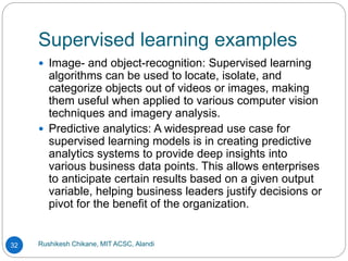 Supervised learning examples
Rushikesh Chikane, MIT ACSC, Alandi
32
 Image- and object-recognition: Supervised learning
algorithms can be used to locate, isolate, and
categorize objects out of videos or images, making
them useful when applied to various computer vision
techniques and imagery analysis.
 Predictive analytics: A widespread use case for
supervised learning models is in creating predictive
analytics systems to provide deep insights into
various business data points. This allows enterprises
to anticipate certain results based on a given output
variable, helping business leaders justify decisions or
pivot for the benefit of the organization.
 