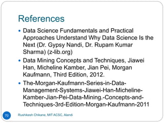 References
Rushikesh Chikane, MIT ACSC, Alandi
70
 Data Science Fundamentals and Practical
Approaches Understand Why Data Science Is the
Next (Dr. Gypsy Nandi, Dr. Rupam Kumar
Sharma) (z-lib.org)
 Data Mining Concepts and Techniques, Jiawei
Han, Micheline Kamber, Jian Pei, Morgan
Kaufmann, Third Edition, 2012.
 The-Morgan-Kaufmann-Series-in-Data-
Management-Systems-Jiawei-Han-Micheline-
Kamber-Jian-Pei-Data-Mining.-Concepts-and-
Techniques-3rd-Edition-Morgan-Kaufmann-2011
 