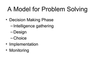 A Model for Problem Solving Decision Making Phase Intelligence gathering Design Choice Implementation Monitoring 