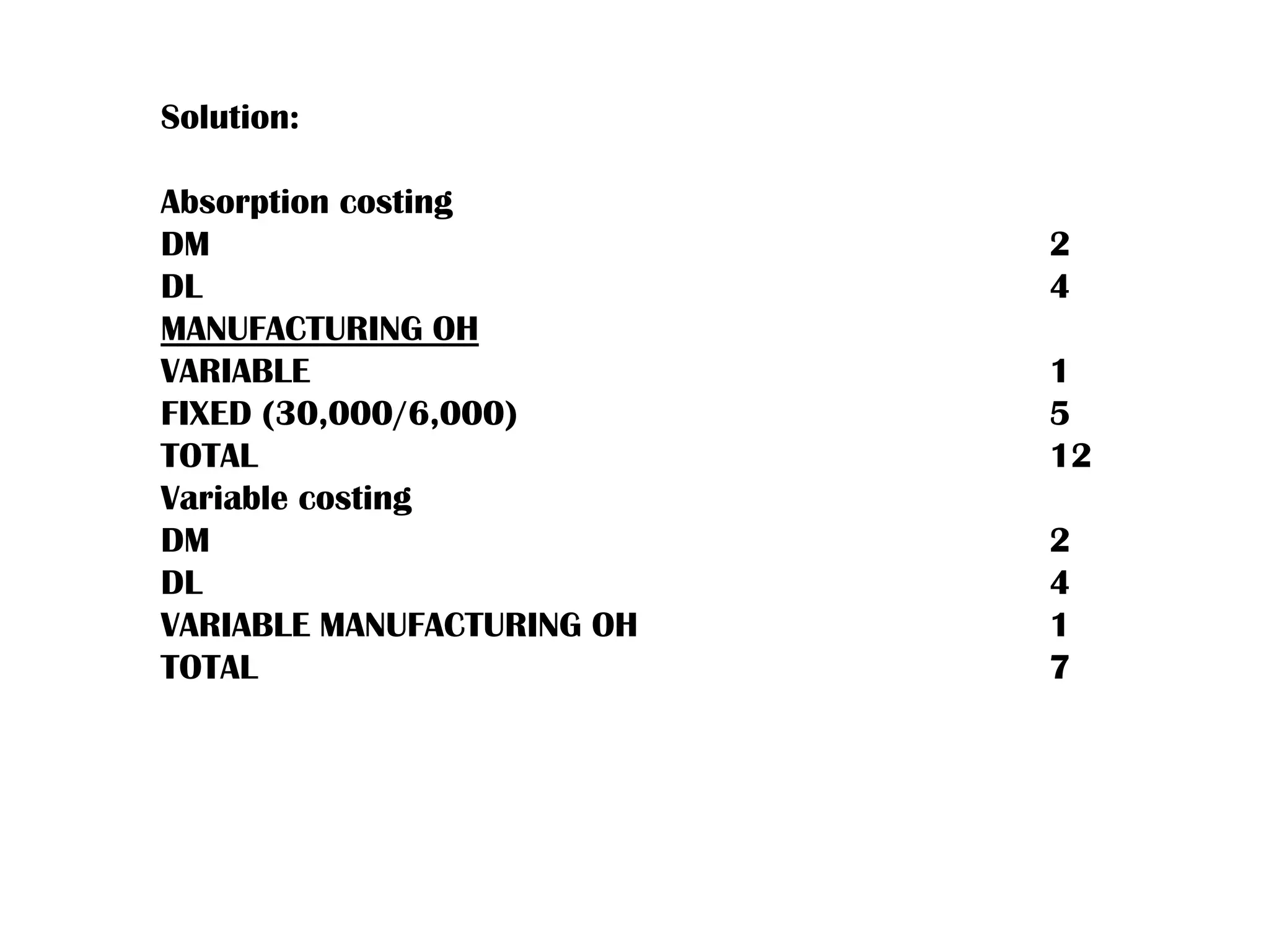 Solution:
Absorption costing
DM 2
DL 4
MANUFACTURING OH
VARIABLE 1
FIXED (30,000/6,000) 5
TOTAL 12
Variable costing
DM 2
DL 4
VARIABLE MANUFACTURING OH 1
TOTAL 7
 