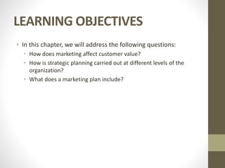 LEARNING OBJECTIVES
• In this chapter, we will address the following questions:
• How does marketing affect customer value?
• How is strategic planning carried out at different levels of the
organization?
• What does a marketing plan include?
 